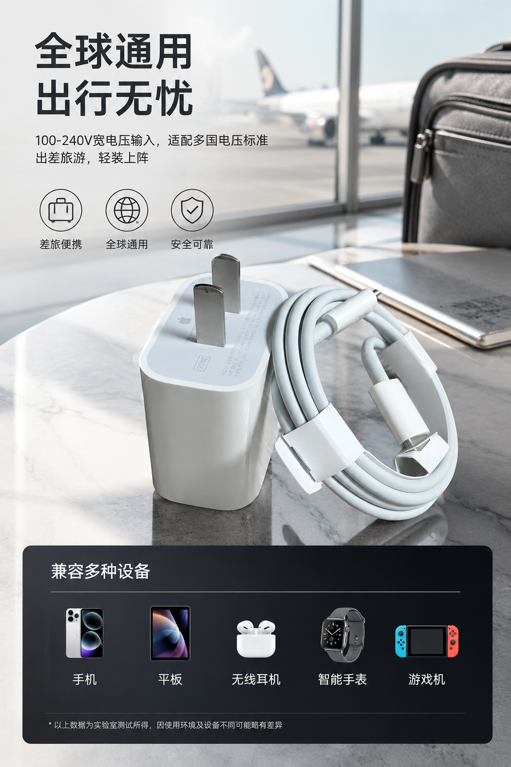 Based on the product in Image 1, 【图生图·严格保真】必须以图片1上传的商品实拍图为唯一形态依据，完整保留款式、轮廓、比例、配色、Logo与材质；不得根据文字描述替换、改变或虚构商品类别与外观。
【参考图预处理】须先将图片1中的商品主体精准抠图去背（移除原始拍摄背景/场景），仅保留商品本体；商品置于纯白或透明干净背景后再进行详情页排版，不得保留原图杂乱背景。
基于图片1中的「充电器」商品实拍图进行创作，严格保持商品款式、轮廓、颜色、材质与参考图一致。
生成「淘宝」电商详情页「使用场景」模块图（竖版3:4单张切块，可上下拼接成长详情页）。
平台版式：淘宝详情页模块化切块，信息密度适中，主图+卖点分区清晰。
整体风格：高端奢华风（高端奢华：深色底、金属质感、精致细节）。
配色方案：银灰科技配色（银灰科技色，现代工业质感）。
根据上传商品图智能识别产品类别、功能与卖点，自动生成与之匹配的中文说明、图标与参数，无需用户预先指定卖点。
版式：真实使用场景图。展示「充电器」在生活/办公/出行等场景中的自然使用状态，根据上传商品图智能识别产品类别、功能与卖点，自动生成与之匹配的中文说明、图标与参数，无需用户预先指定卖点。；人物或手部互动自然，产品始终为焦点。
全套共 4 张模块图，本张为第 4/4 张「使用场景」。每张须版式与信息分区互不重复，禁止复制其他模块的构图或文案。
价格限制：用户未设置到手价/活动价，禁止在画面中生成任何价格、金额、货币符号（如 ¥、$、￥、元、RMB 等），禁止出现到手价/活动价/特惠价/促销价/原价/划线价/满减/折扣价/数字价格标签等，不得虚构、猜测或默认填充任何价格信息；可保留「立即购买」「了解详情」等非价格类行动文案。
输出要求：专业电商详情页设计稿质感，中文排版清晰可读、文字零错误；网格对齐、信息层级分明；8K级高清细节；无水印、无乱码、无多余杂物；商品主体必须与图片1完全一致。 Portrait 3:4 composition, 1024x1536.